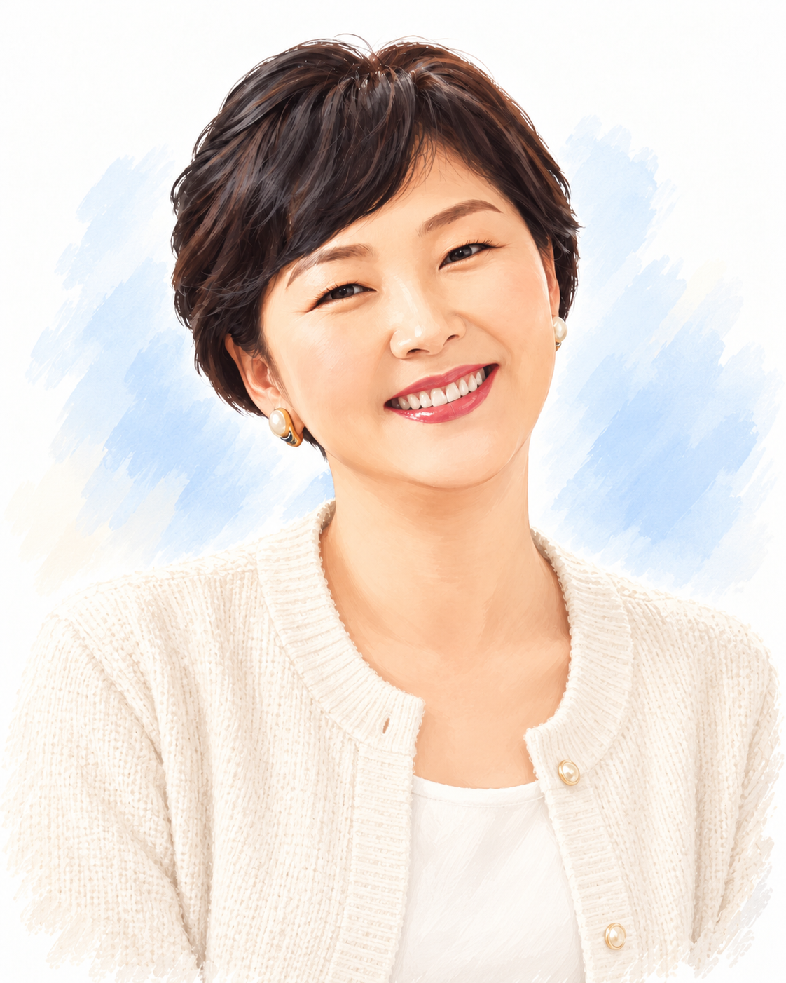 Illustrated portrait of Haesun Chung in a white cardigan / 정혜선 코치